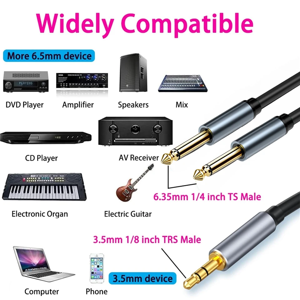 ジャック3.5mm - ダブル6.5mmオーディオケーブル、デュアル6.35mmオス