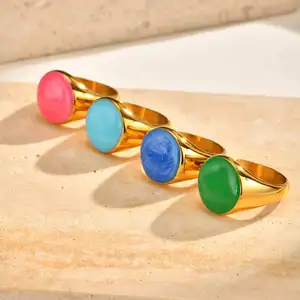 Minimalist Summer Style Stainless Steel Rings Colorful Oval Chunky Rings for Women
