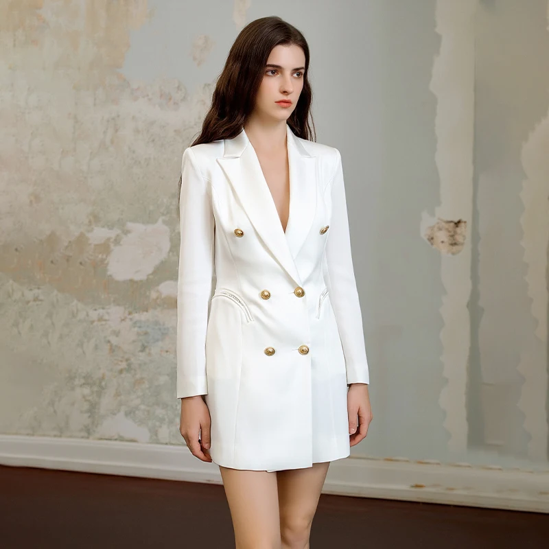 ZYHT 5406 White Double Breasted Elegant Office Ladies Casual Dress V Neck Slim a Line Career Blazer Dresses for Women ZYHT 5406 White Double Breasted Elegant Office Ladies Casual Dress V Neck Slim a Line Career Blazer Dresses for Women
