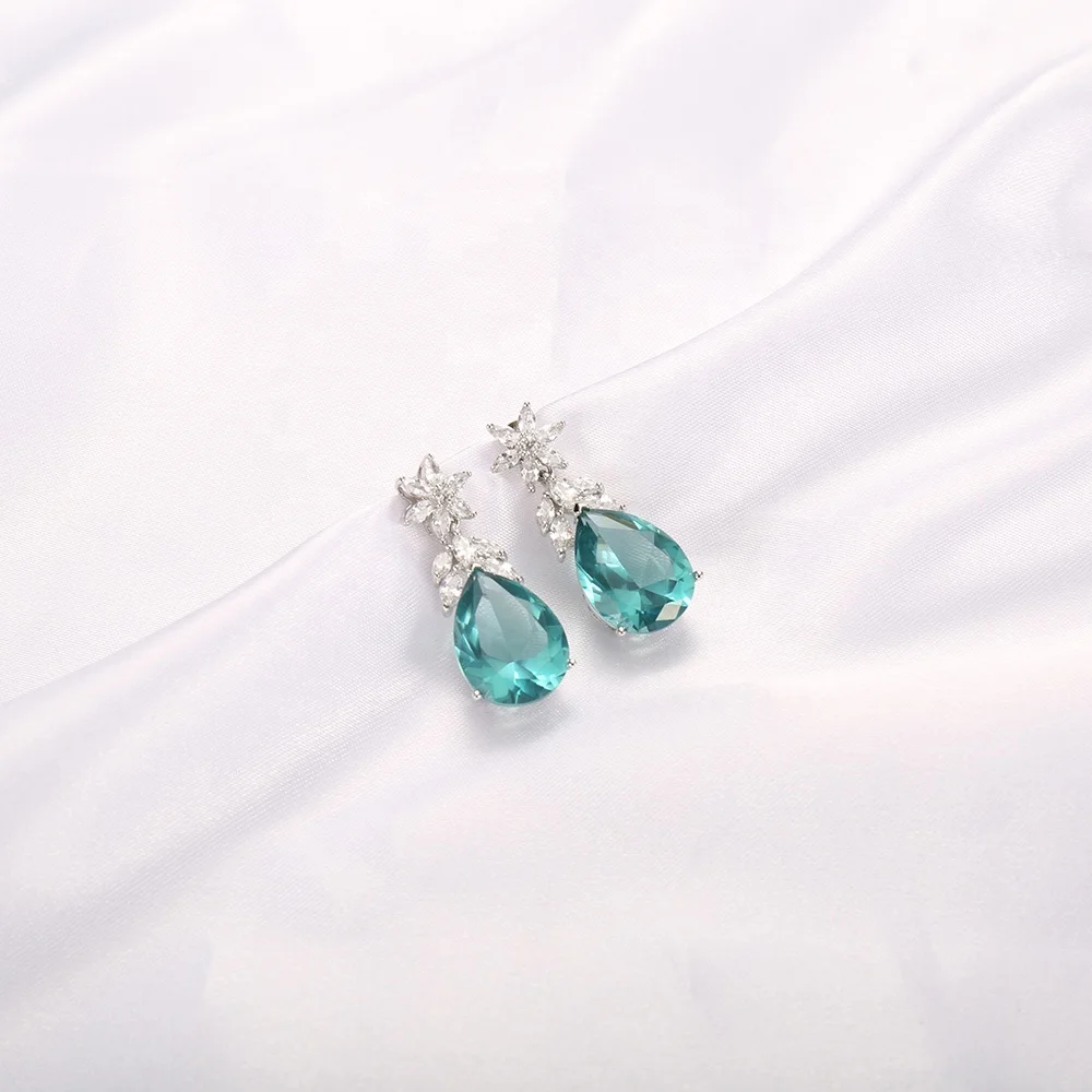 Fusion stone Jewelry Pendant Earring Pear Cut Diamond Aquamarine Drop Earrings for Women 925 Sterling Silver earrings