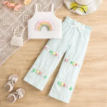 Children's clothing wholesale 2024 Summer new girls sweet embroidered strap striped wide-leg pants suit