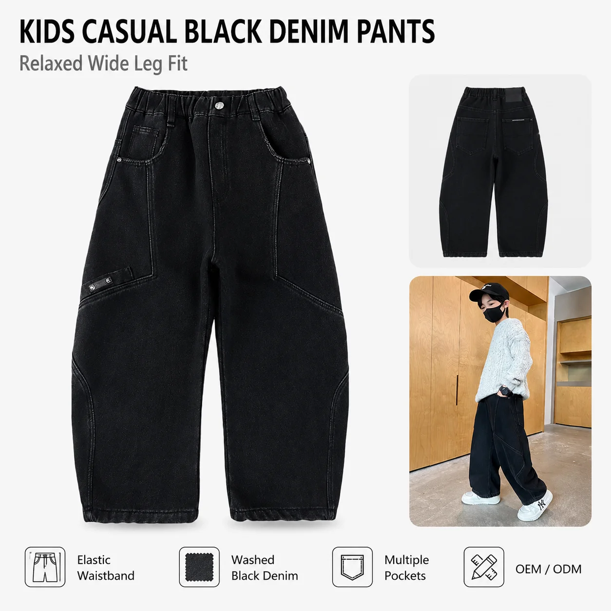 Denim Vintage Straight Breathable Solid Oversize Casual Black Mid Waist Pants for Junior High School Students
