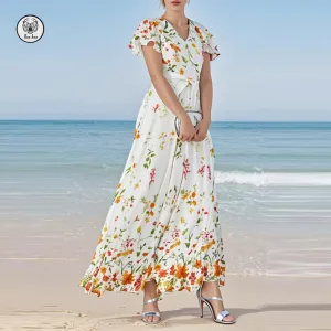 2026 NEW V Neck Short Sleeve Casual Floral Printed Women's Sexy Washable Breathable Maxi Dress for Spring Summer Fall Journey