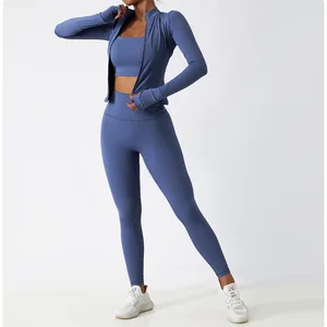 New 3 Pieces Set Gym Sportswear Workout Yoga Sets Women's Zipper Breathable Quick-drying Fitness Clothing