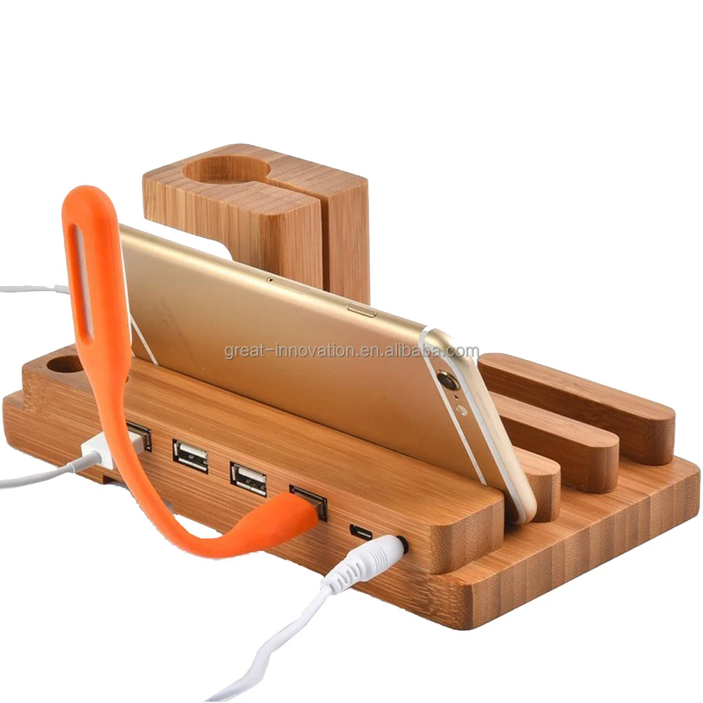 Wooden Phone Holder Multifunctional Charging Stand USB Port Bamboo  Charging Station for Apple Watch Tablet