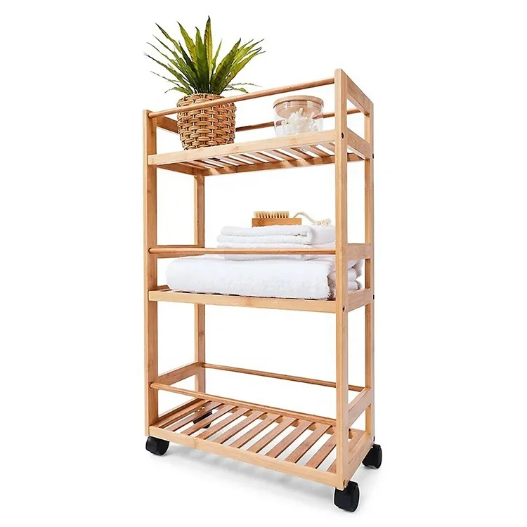 3 Layer Movable Corner Bamboo Bathroom Kitchen Storage Shelf Rack with Wheel
