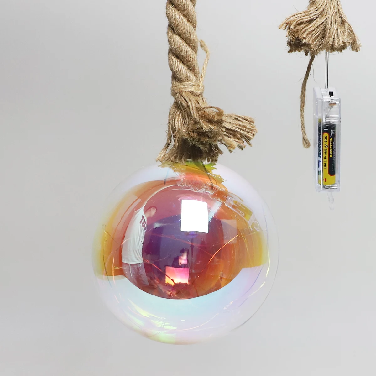 150 mm Clear Iridescent Christmas Glass Bauble On Rope LED Light Up Hanging Ball Xmas Decoration for sale