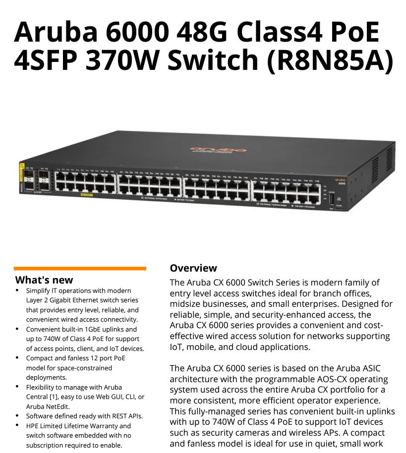 Switch HPE Aruba 6000 48G CL4 4SFP R8N85A – .mx, Tu tienda