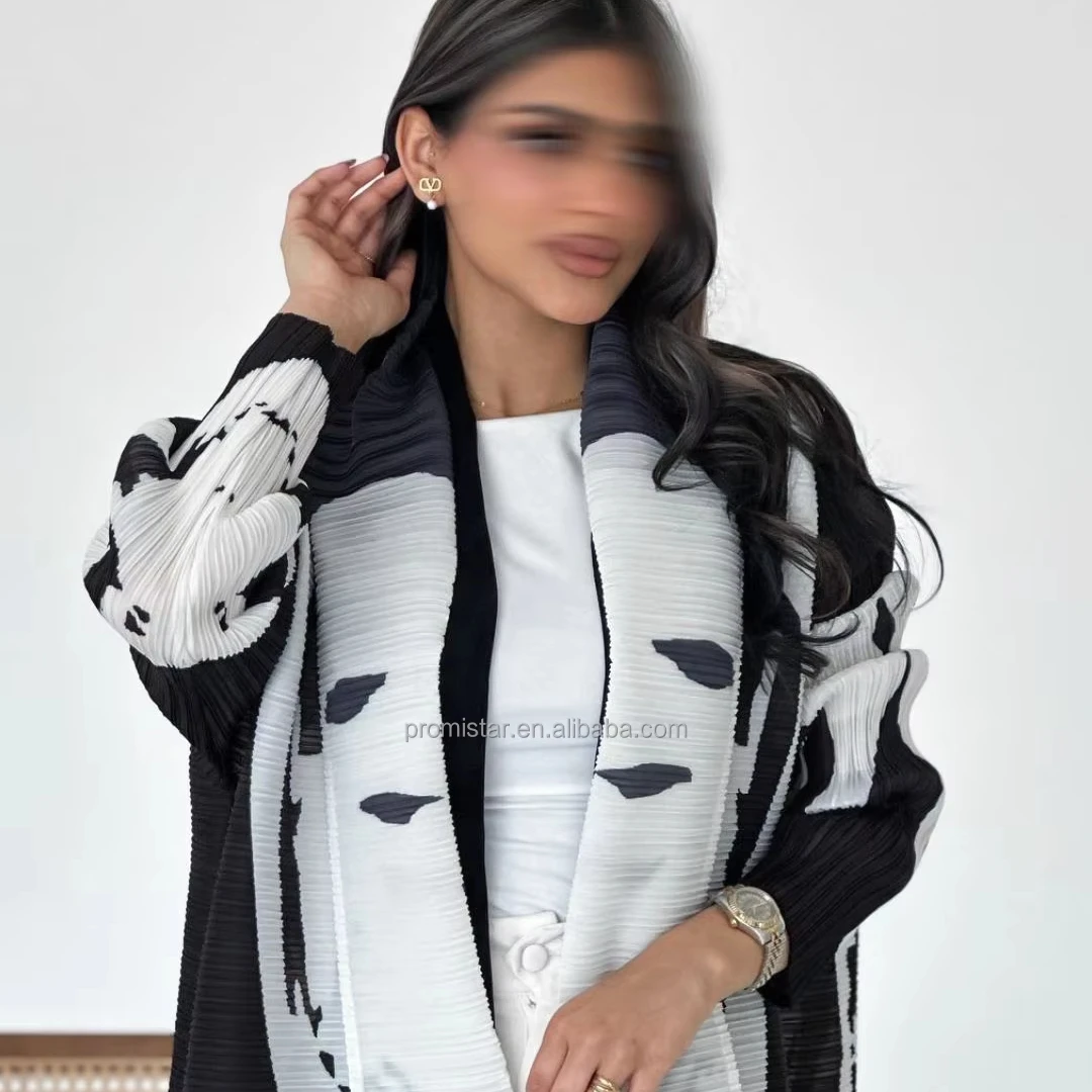 PROMISTAR Customizable High Quality Women's Modest Muslim Abaya Miyake Pleated Scarf Collar Belt Kaftan Robes Open ODM Plus Size
