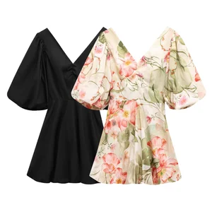 Hot Sale Casual Fashion Summer Mini Dress for Women 2 Colorway V-Neck Short Sleeve Breathable Woven Natural Waistline Printed