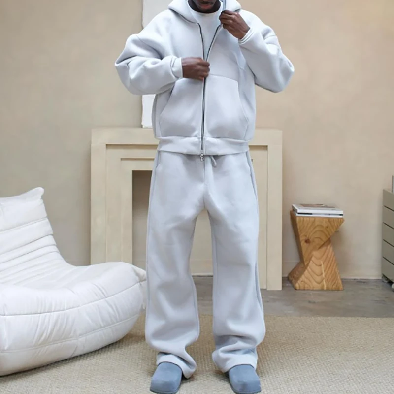 Unisex Oversized Cotton Polyester Blend Essentials Plain Solid Blank Neoprene Sweatpants and Hoodie Set Sweatsuit Tracksuit Men