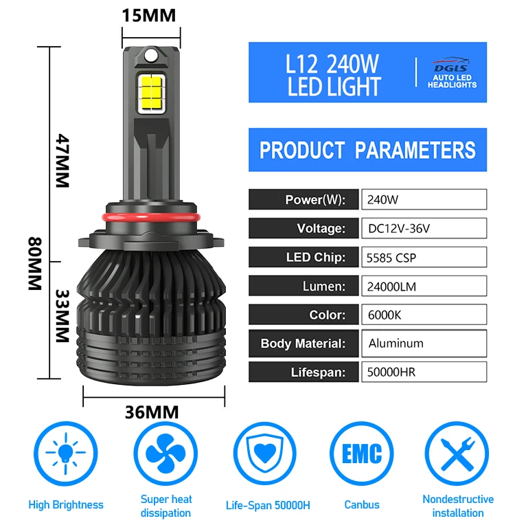 Dgls 240w 30000lm L12 Highest Power H4 H11 9005 9006 Led Headlights