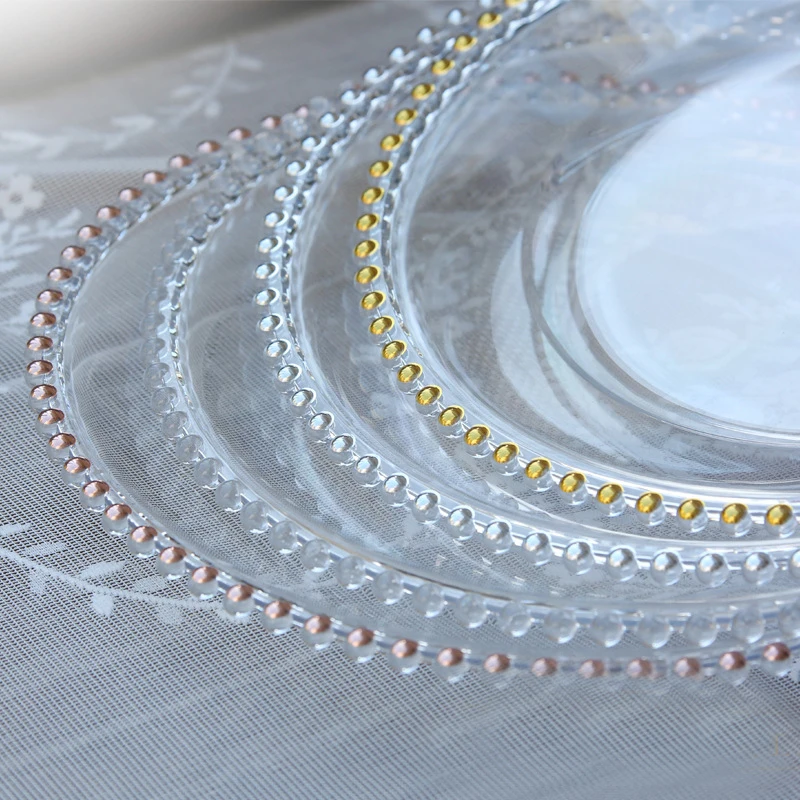 Bst Round 13 Inch Wholesale Clear Glass Acrylic Gold Beaded Charger Plates Wedding Decoration