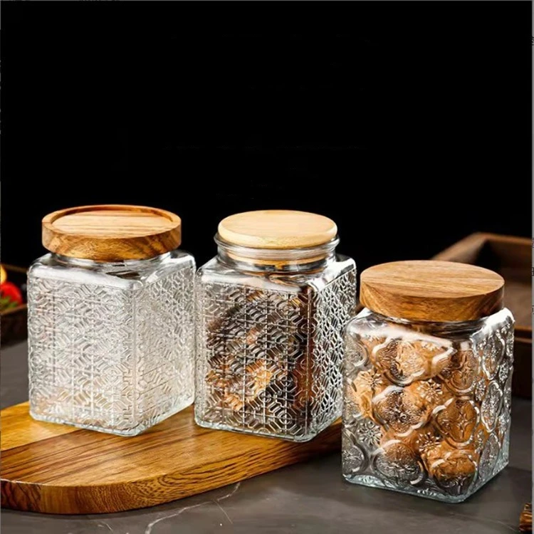 Embossed Glass Storage Jar with Wooden Lid for Coffee Bean Storage and Kitchen Food Sealed Storage Bottle