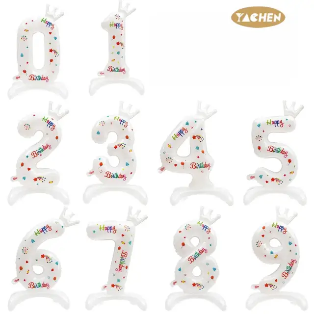 Yachen wholesale 32 inch standing white printed aluminum foil crown number balloons for kids birthday party decoration