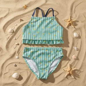OEM Custom UPF50+ Girls' Two-Piece Bikini Swimsuits Cross-Back Ruffle Pineapple Print Striped Mint Green Quick Dry Breathable