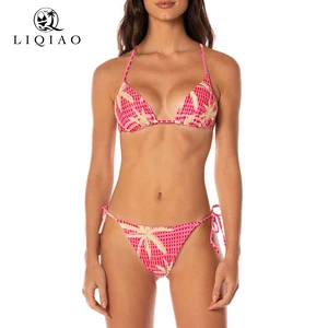 Women's Triangle Bikini  Pink Gingham & Palm Tree Print Bikini Set - Adjustable Strap Two-Piece Swimwear
