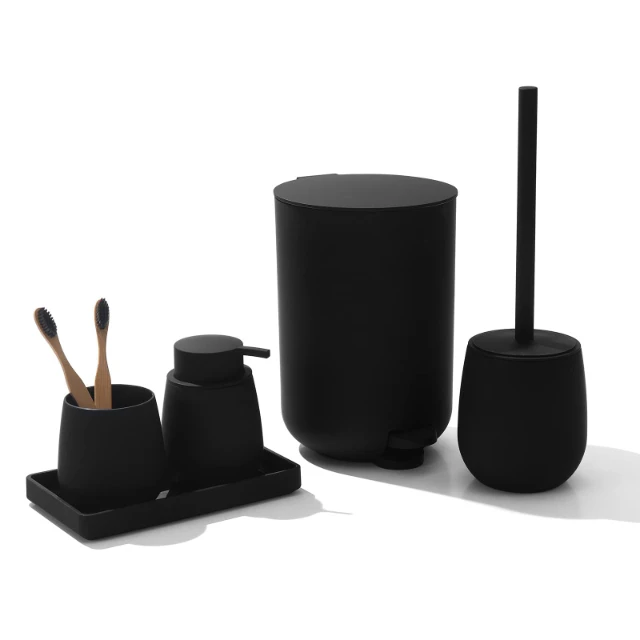 Ensemble Accessoires Salle De Bain 6 Pièces En Plastique - Porte-brosse à Dents, Gobelet, Distributeur Savon, Poubelle, Noir/blanc/gris Kit Salle De Bain Complet