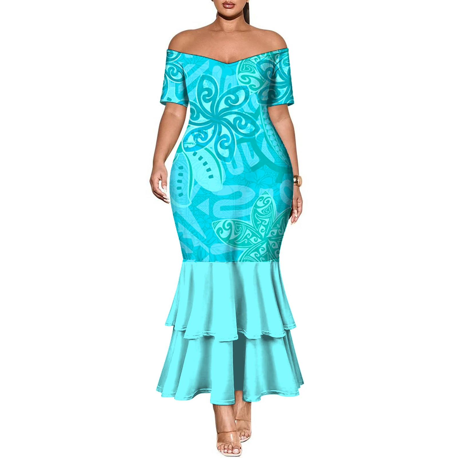 hawaiian off shoulder dress Hawaii Flowers Mix Tribal Pattern Off Shoulder Long Dress