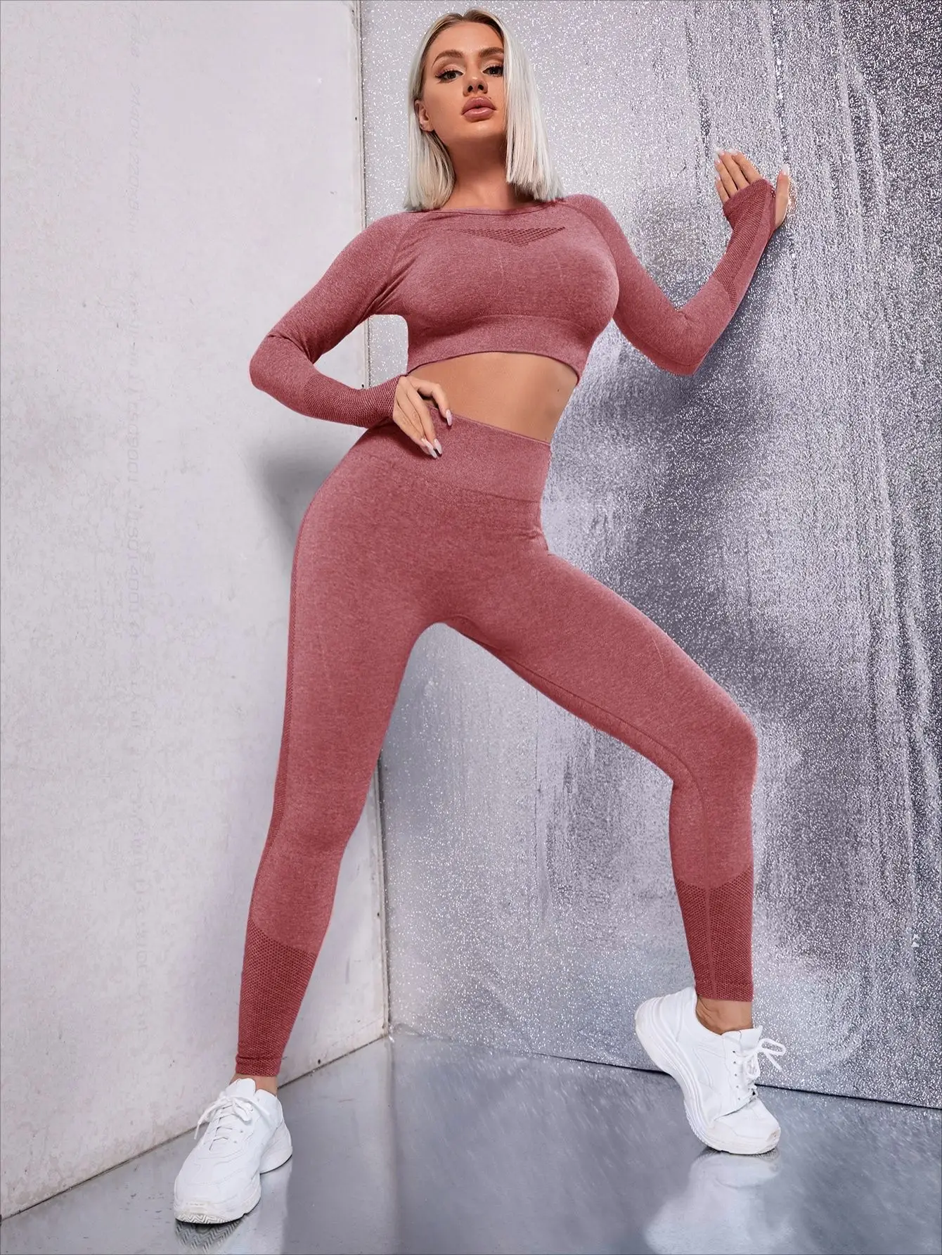 Women Outfits Fitness Crop Top Long Sleeve Scrunch Butt Leggings Female