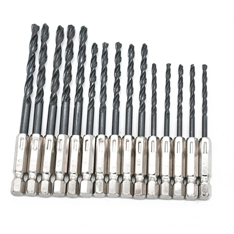 15pc Hexagonal Handle Black Twist Drill 3mm4mm5mm Wood Metal Opening