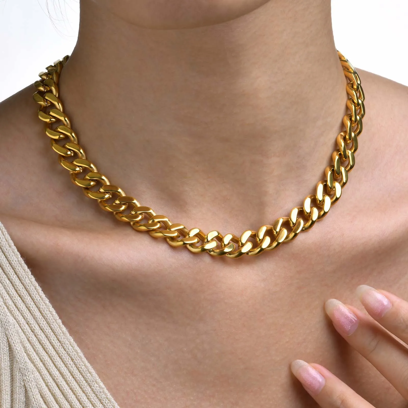 Stainless Steel 12MM Wide Women Simple Layering Necklace Heavy Thick Gold Chunky Large Cuban Curb Link Chain Necklace