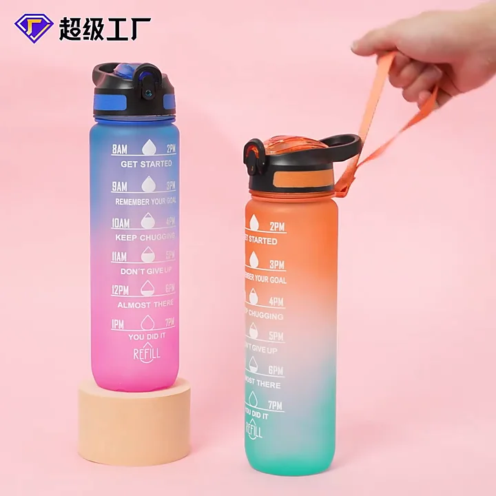 1000ml Eco Friendly Portable Outdoor Sport Gym 1 Liter Motivational Wide  Mouth Plastic Sports Water Bottles with Straw