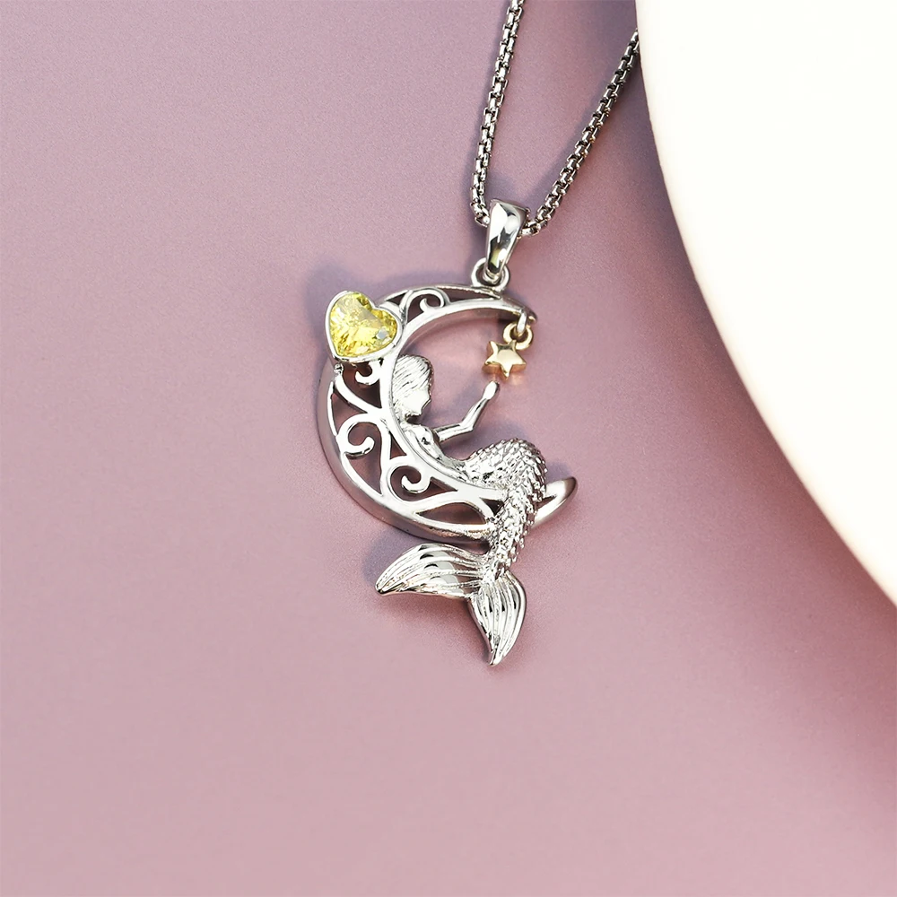 New Style Custom Pattern Women Jewelry Sterling Silver Moon and Star Pendant  Easter Gift Mermaid Necklace