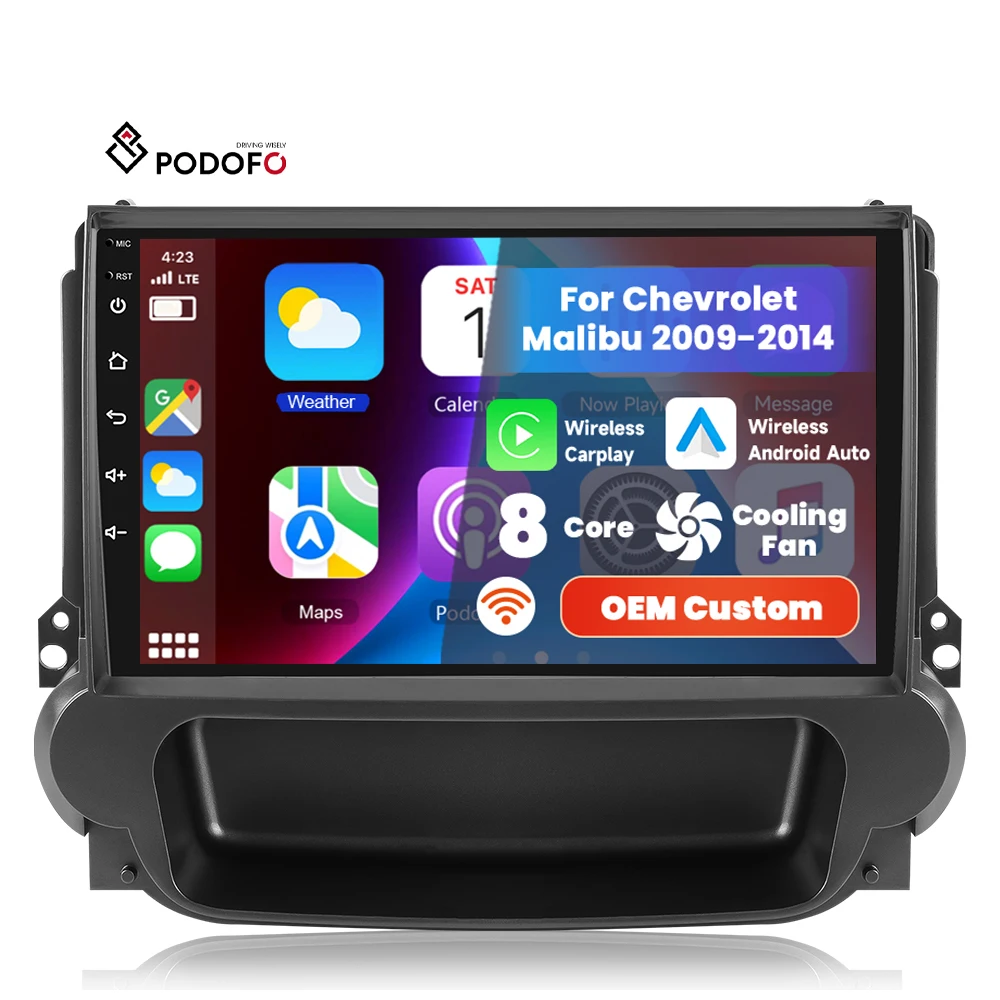 Podofo for Chevrolet Malibu 2009-2014 9'' Qualcomm Car Audio 4+64G 8 Core Wireless CarPlay/Android Auto GPS WiFi 4G Cooling Fan A8403A4135/A8403