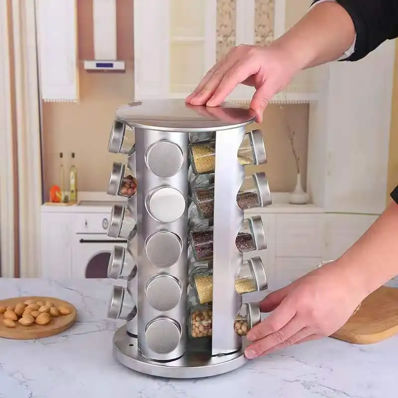 Kitchen Storage Rack-Standing Type Single-Tier Metal SS Rotate Spice Rack with Multiple Uses Fruit Vegetable Plate Coat Holder