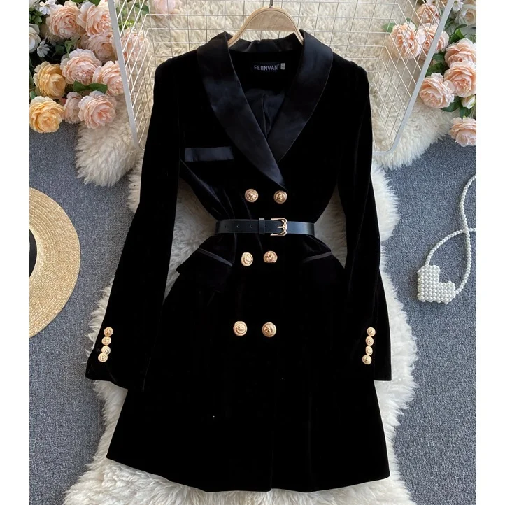 High Quality Fall Winter Black Elegant Women Double Breasted Velvet Long  Blazer Dress for Ladies