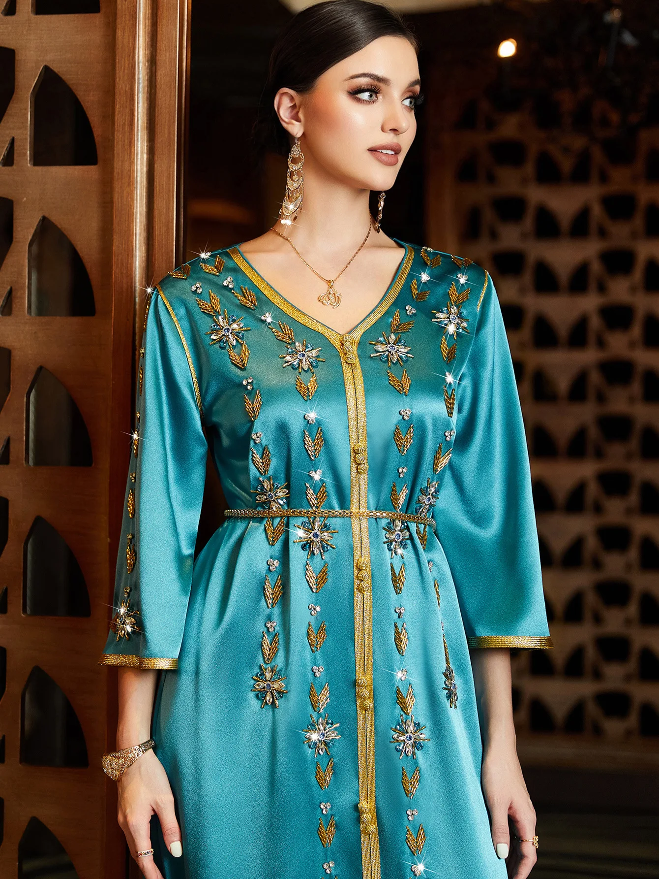 Elegant Design Magic Lake Blue V-neck Slit Robe Middle Eastern Banquet ...