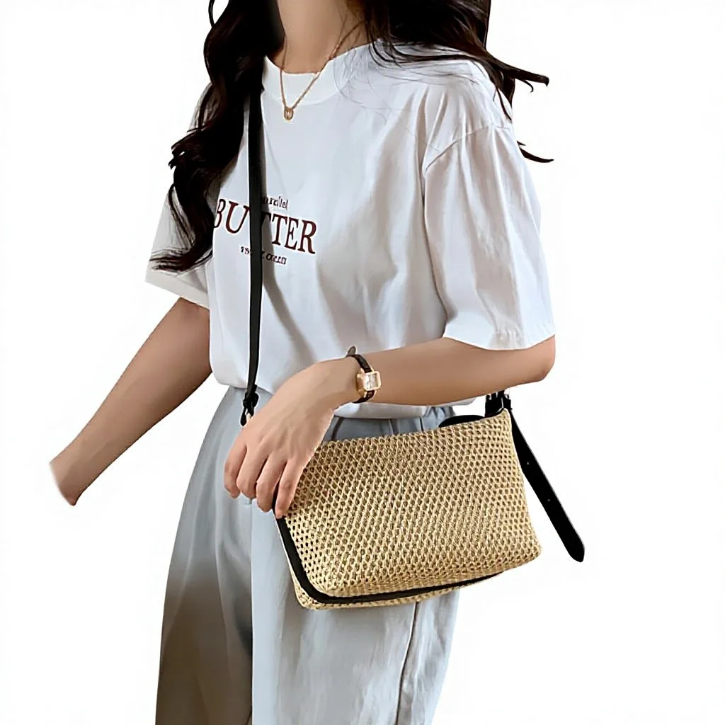 Vintage Bohemian Fashion Mesh Niche Summer Straw Zipper Closure Shoulder Woven Women’s Crossbody Dumpling Bag