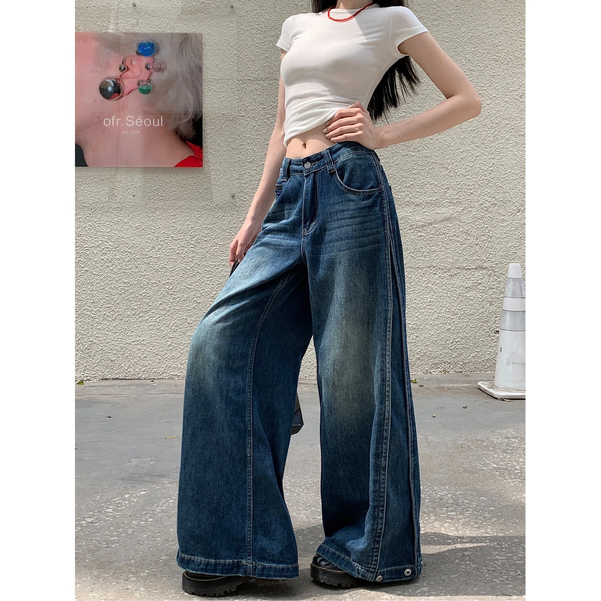Plus Size American Vintage Washed Denim Blue Jeans Women Summer Hong Kong Style High Waist Loose Straight Wide Leg Quick Dry