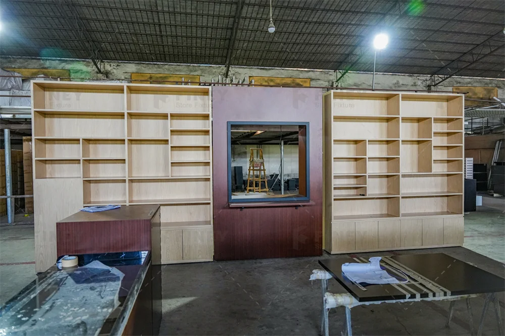 Retail Store Fixture Fishing Tackle Interior Design Custom Wooden Wall Fishing Gear Display Rack Gondola Supermarket Rack