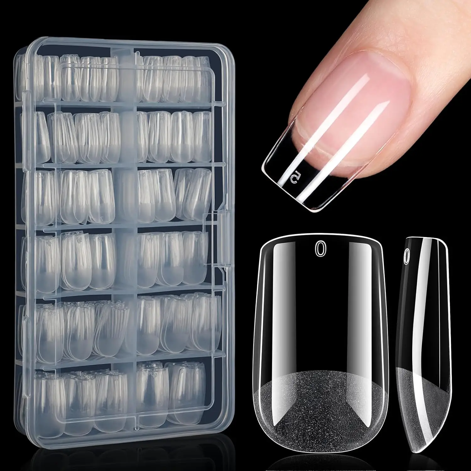 240PCS Pre-Filed Artificial Fingernails Short Square Nail Tips Soft Gel Full Cover Clear Half Matte Acrylic Nail Tips 12 Sizes