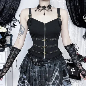 Gothic Metal Buckle Decorated Heart Neckline Built-in Camisole Dark Subculture Slim-fit Corset Strap Top