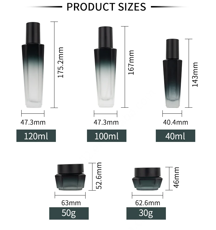 120ml 100ml 40ml Hexagon black empty lotion skincare container cosmetic spray pump packaging glass bottle set supplier