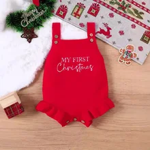 Girl baby clothes Christmas red knit rompers newborn clothes adjustable shoulder strap buttons frill baby rompers