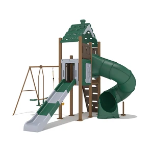 Metal Playhouse with Plastic Tube Slide Toddler Climbing Swing Set Preschool Outdoor Playground Equipment for Garden Park Kids
