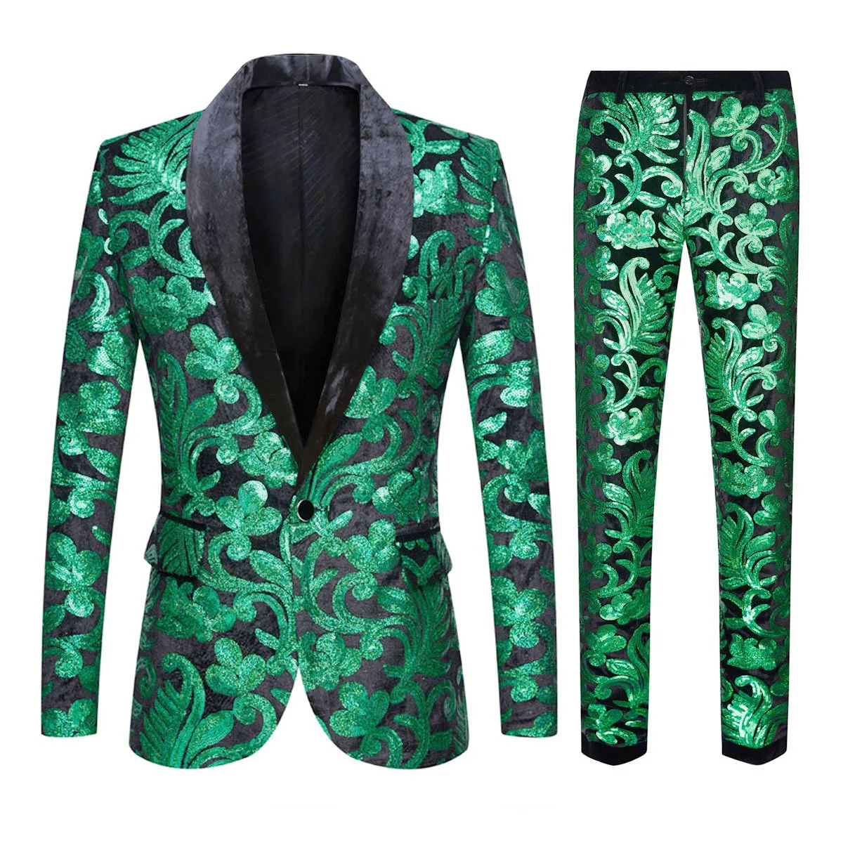 Men Spring Autumn Two Pieces Suits Sequins Velvet Green Floral Sequins Blazers Wedding Prom Stage DJ Singers Suit Jacket
