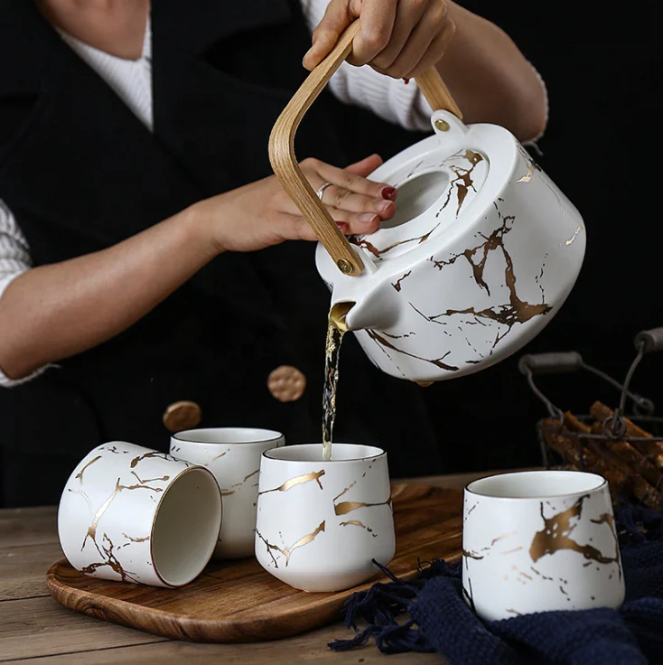 Лидер продаж 2020, роскошные кофейные кружки и набор кастрюль, Мраморная глазурованная керамическая чашка, чайник с чашками, поддержка индивидуального логотипа