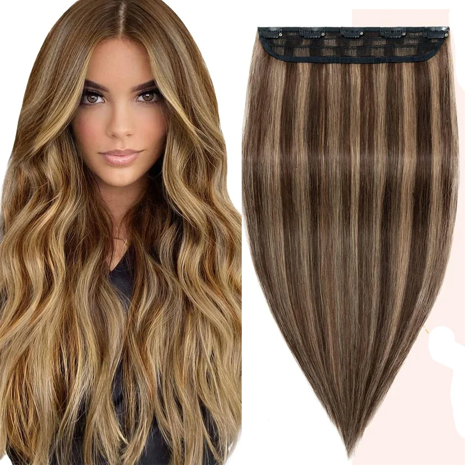 Einteilige Haarverlängerung, 5 Clips, glatt, gesträhnt, Remy Human, 120G, P4-27, Mittelbraun, Dunkelblond_voghion.com
