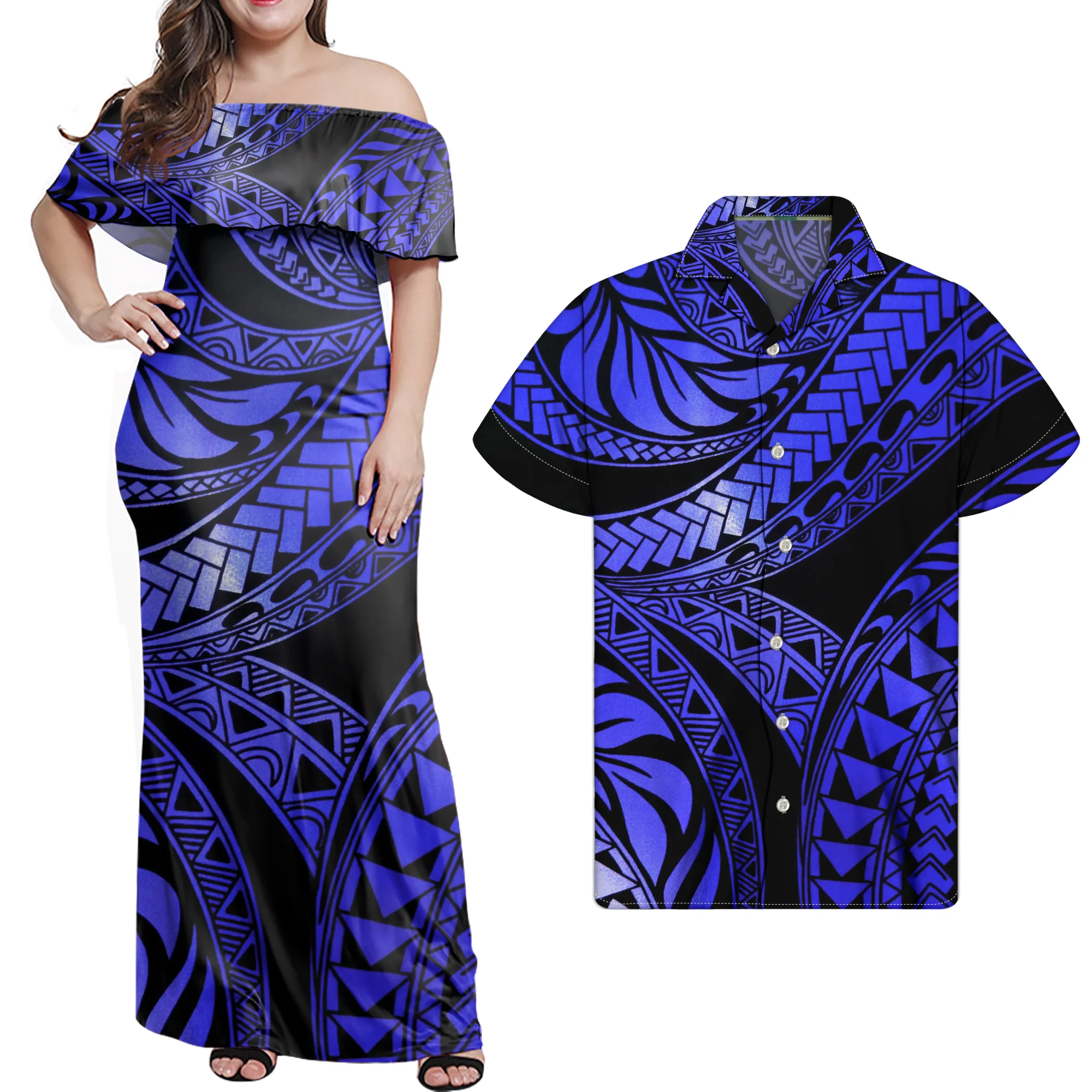 Vintage Polynesian Samoa Tribal Print Custom Oversized Couple Outfits Women Sexy Off Shoulder Dresses with Men Shirts Outdoor