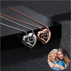 Customized 925  Sterling Silver Hot Sale Heart Pendant Zircon Necklace with Photo Projection for Friend