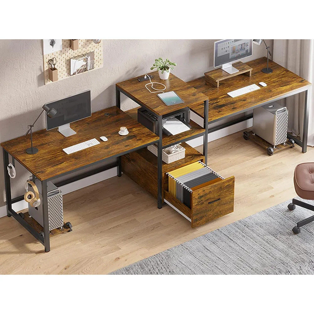 escritorio de Madera para Oficina en Casa para Dos Personas con Regleta y USB con Soporte Largo para Impresora y Monitor con Almacenamiento y Separadores Metálicos