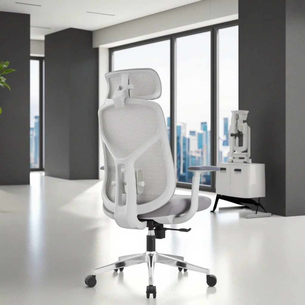 Mickey Premium Modern Office Chair Adjustable Headrest 8cm Lumbar Support PU Armrests Reinforced Metal Base Heavy Duty Rotating 5