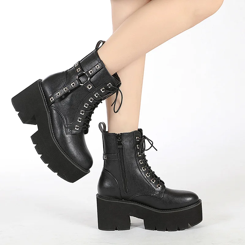 Fashion Gothic Style Thick Sole Round Toe Platform Winter Chunky Heel Rivet Black Leather Women Ankle Boots - Image 2