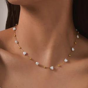 Simple Style Stainless Steel Pearl Choker Necklace Heart Shape Pearl Round Spacer Bead Chain Necklace