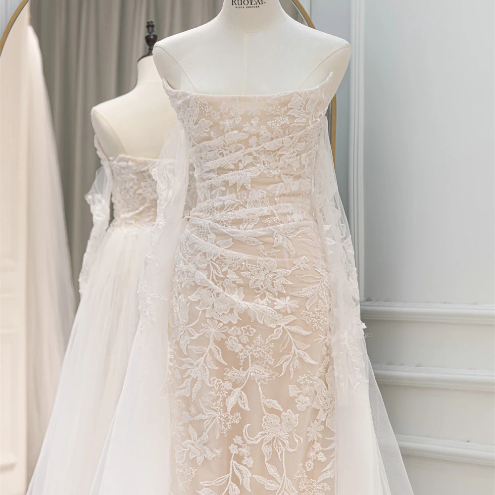 Pleated Beaded Lace Detachable Long Sleeve Tulle Over Skirt 2 in 1 Bridal  Lace Wedding Dress RL305| Alibaba.com